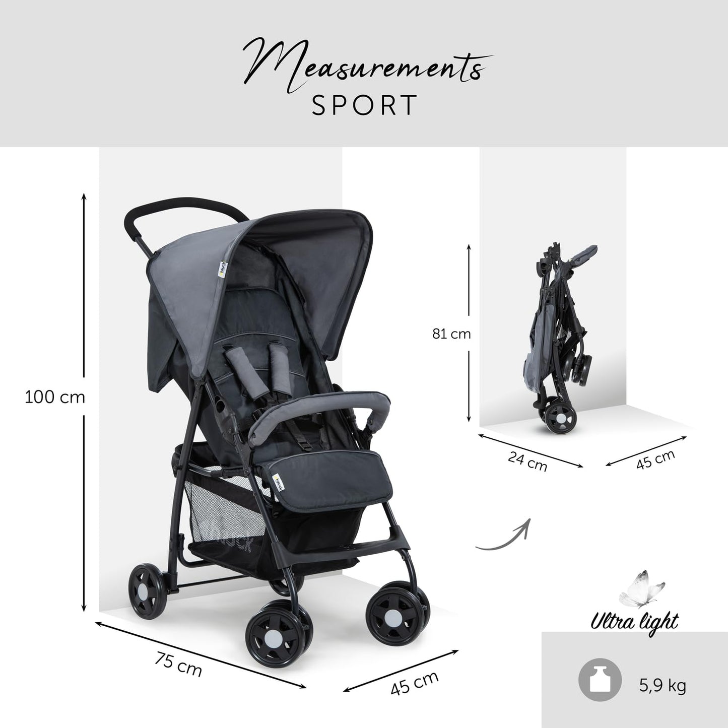 Carrito de Bebé Ultraligero – Reclinable, Plegado Compacto, Gris